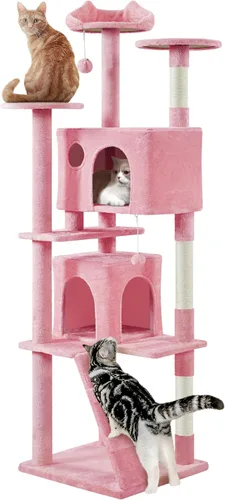 Vista 23 de Yaheetech - Torre de árbol para gatos de 62 pulgadas, torre para gatitos de interior, muebles para mascotas con doble refugio, postes para rascar