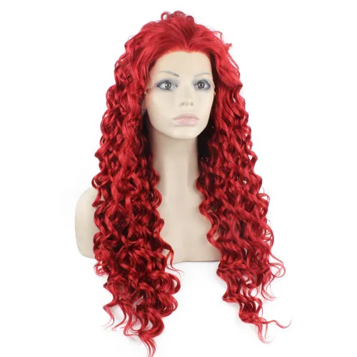 Vista 2 de Mxangel largo resistente al calor Fibra pelo rojo elegante rizado Encaje frontal peluca