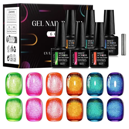 Vista 18 de MEET ACROSS Juego de esmaltes de uñas de gel luminosos de caramelo de 6 colores, esmalte de uñas de gel que brilla en la oscuridad con cepillo