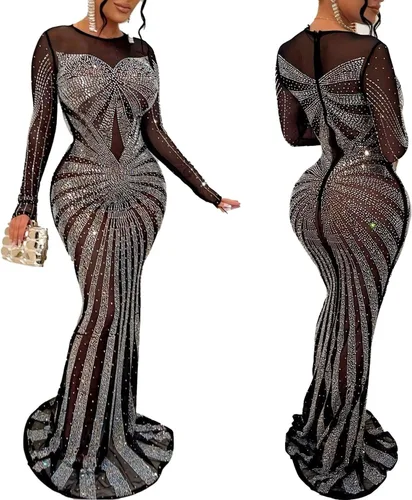 Vista 3 de PORRCEY Vestido sexy de perforación en caliente para mujer, con diamantes de imitación, ajustado, para fiesta, club, salida nocturna, ropa de club
