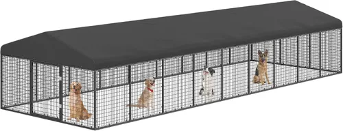 Vista 9 de Caseta de perro para exterior con valla para perros pequeños y medianos, recubrimiento antióxido, jaula con techo, resistente a todas