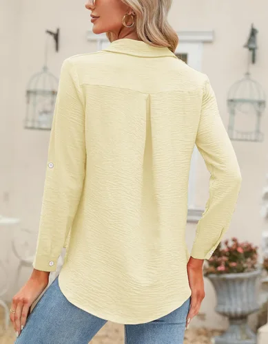 Vista 32 de Odosalii - Camisas con botones para mujer, con cuello en V, manga larga, enrolladas, blusas elegantes y formales para negocios y ocasiones casuales