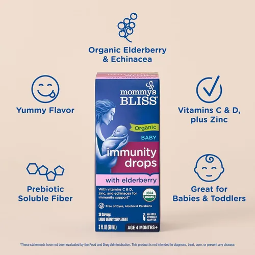 Vista 3 de Mommy's Bliss Gotas de saúco orgánico para bebé, apoyo inmunológico con vitaminas, prebióticos, zinc y equinácea orgánica, para niños mayores de 4