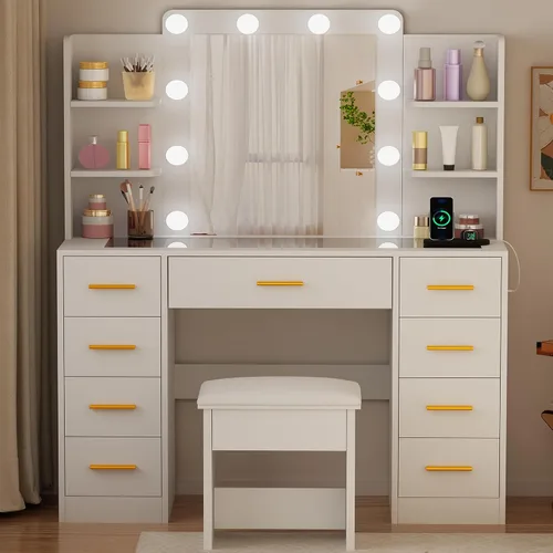 Vista 8 de BEWISHOME - Tocador de maquillaje con espejo y luces, mesa de tocador blanca con superficie de vidrio, toma de corriente, taburete, tocador con 9