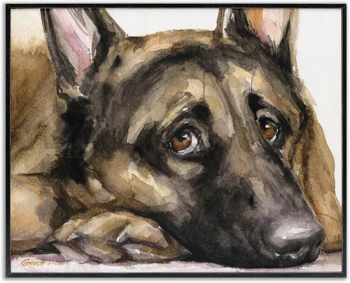 Vista 13 de Stupell Industries Perro pastor alemán cansado que descansa cabeza en pata, diseño de George Dyachenko Enmarcado en blanco