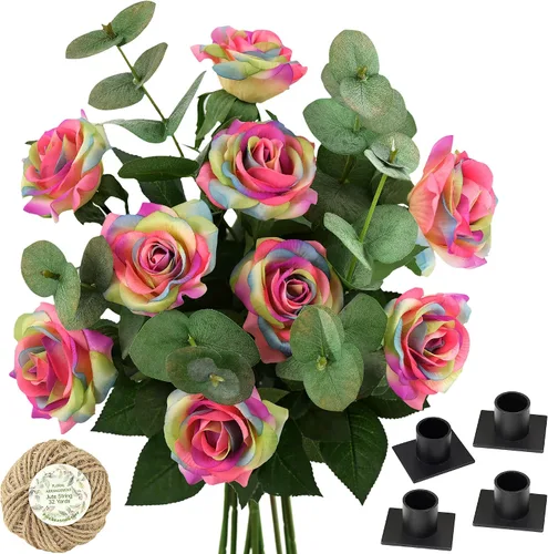 Vista 11 de FiveSeasonStuff 12 tallos de flores artificiales azul hielo, rosas de seda de tacto real para decoración de boda, en caja de regalo Azul helado