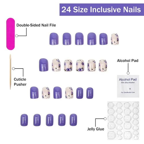 Vista 2 de Uñas postizas a presión moradas, cortas, cuadradas, SWEKKE bonitas, uñas postizas con diseños florales morados y blancos, cobertura completa