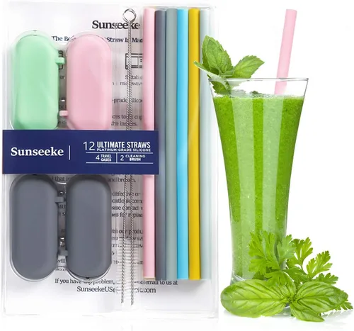 Vista 7 de Sunseeke Pajitas de Silicona Reutilizables - Sin Olor, 12 Pajitas Estándar para Beber, 4 Bolsas de Transporte, 2 Cepillos de Limpieza, Silicona