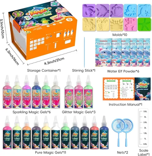 Vista 2 de Timetome Kit de Juguete Elfo de Agua Mágico para Niños – 20 Geles (11 Normales + 6 Brillantes + 3 con Purpurina) y 10 Moldes Fabricante de Squishy
