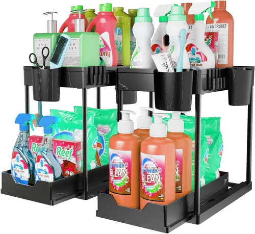 Vista 9 de Organizador para debajo del fregadero y almacenamiento de baño, paquete de 2 unidades, organizador de cesta de gabinete Kicthen de 2 niveles