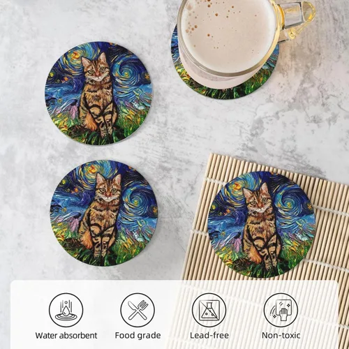 Vista 3 de Van Gogh - Juego de 4 posavasos abstractos de cerámica de diatomita absorbentes con base de corcho, protección de mesa, adecuados para mesas de Gato