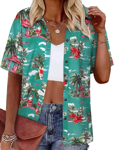 Vista 14 de LILYCHIC Camisas hawaianas de verano con botones de coco para mujer, camisas suaves con botones de manga corta A-hoja floral negra