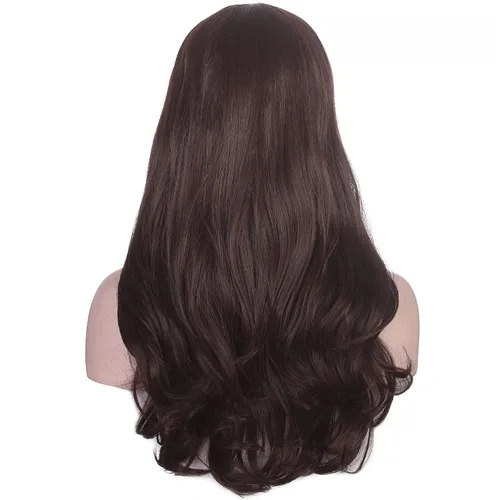 Vista 4 de morvally Peluca larga ondulada con flequillo para mujer, cabello sintético moreno, resistente al calor, aspecto natural para uso diario