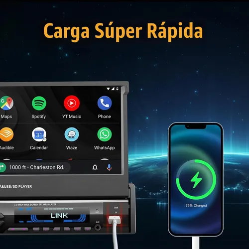Vista 4 de [Actualización] Reproductor estéreo de coche de un solo DIN compatible con Apple Carplay y Android Auto - Pantalla táctil motorizada abatible de 7