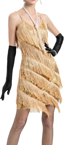 Vista 3 de Vestidos de tirantes con flecos y borlas para mujer, ropa de baile a la moda, con accesorios de los años 20