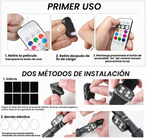 Vista 7 de 8 luces estroboscópicas LED inalámbricas con control remoto, RGB 8 colores multifunción, carga USB, impermeable, anticolisión, advertencia trasera