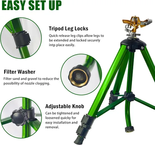 Vista 4 de LIULO TOOL Aspersor de impacto en base de trípode, aspersores de trípode con cabeza, riego de área grande de 360 grados con patas de extensión