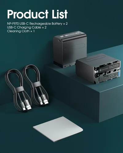 Vista 7 de FirstPower Paquete de 2 baterías NP-F970 de 8800 mAh con USB-C PD de 20 W de carga rápida, para Sony NP-F970/F750/F550/FX3/FX30/A7, para Canon