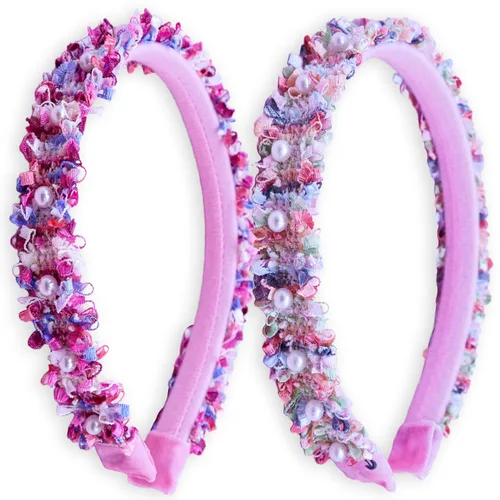 Vista 4 de FROG SAC 2 diademas con cuentas para mujer, bandas de pelo de perlas rosas para mujer, diadema de moda, accesorios para el cabello, diademas de tweed