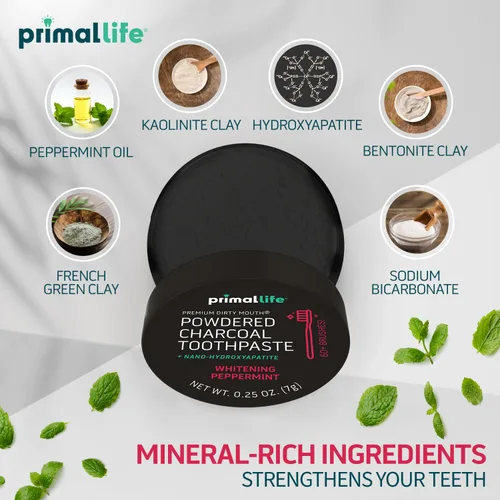 Vista 3 de Limpiador dental natural Dirty Mouth, en polvo, tamaño mini, suavemente pule, desintoxica, remineraliza y fortalece los dientes, mejor que la pasta