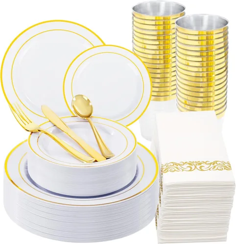 Vista 16 de WDF 175 piezas platos de plástico azul – Platos azul bebé resistentes desechables – Vajilla de plástico para 25 invitados, ideal para Bule y Oro