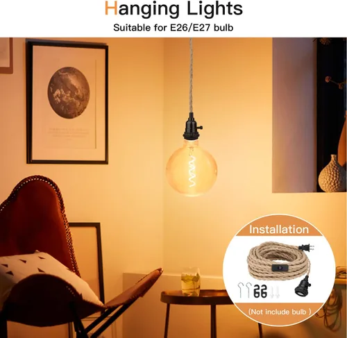 Vista 3 de Kit de luces colgantes de 16.5 pies, luces colgantes con cable de enchufe e interruptor, lámpara colgante de cuerda de cáñamo E26, cable de linterna