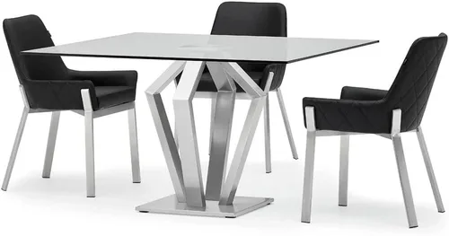 Vista 5 de Zuri Muebles Sydney Silla de comedor de cuero sintético negro con patas de acero inoxidable cepillado
