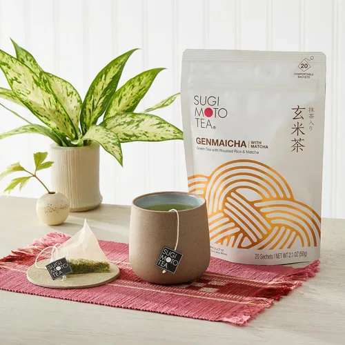 Vista 5 de SUGIMOTO TEA Genmaicha japonesa con verde matcha 20 bolsitas de té 100% fabricado en Japón, Shizuoka, Sencha con arroz tostado y matcha, 20 bolsas