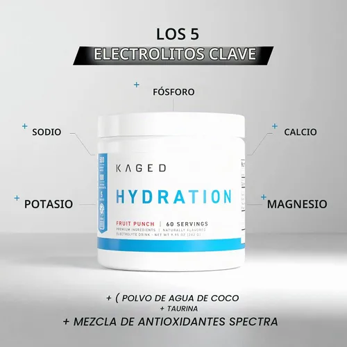 Vista 2 de Kaged Hidratación diaria 5 electrolitos clave Sin azúcar Agua de coco 60 porciones