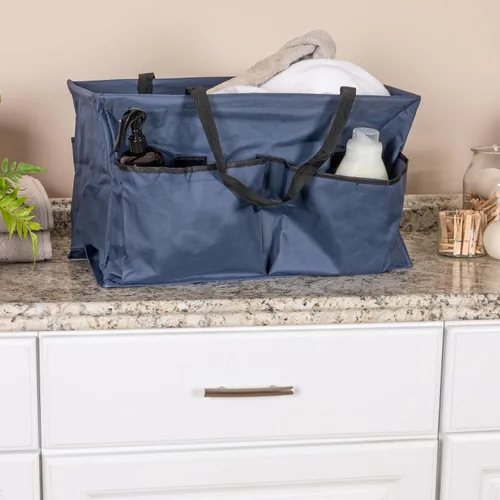 Vista 3 de Household Essentials Krush Bolsa multiusos de lona con bolsillos, bolsa reutilizable para comestibles, color azul con ribete negro