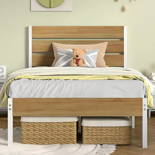 Vista 13 de VECELO Base de cama tamaño individual, plataforma de metal resistente con cabecera de madera, no necesita somier, color marrón antiguo
