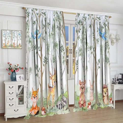 Vista 4 de Cortinas de animales del bosque para niños, dibujos animados, bosque, ciervo, oso, conejo, selva, animales salvajes, guardería, decoración