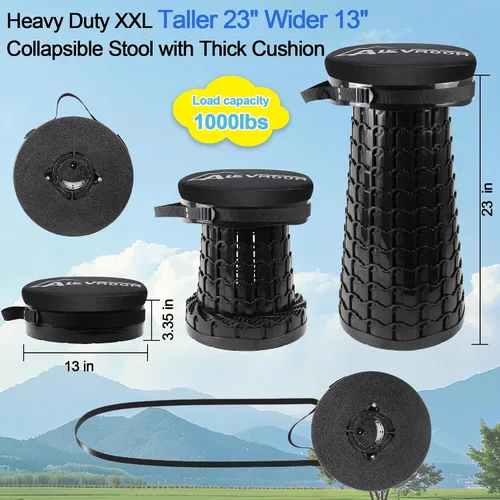 Vista 2 de 2026 Heavy Duty XXL Collapsible Stool with Thick Cushion,1000lbs Capacity, 23"Taller & 13" Wider Foldable Retractable Telescoping Stool for Adults