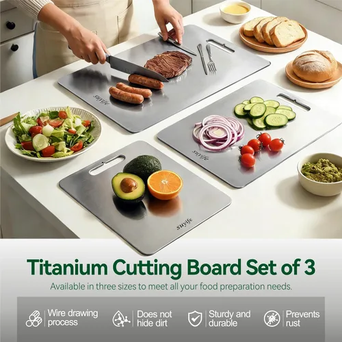 Vista 2 de Juego de tabla de cortar de titanio de 3, tablas de cortar 100% puras de titanio para cocina, nueva tabla de cortar de doble cara de grado