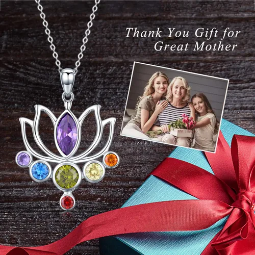Vista 6 de TANGPOET Chakra Necklace Sterling Silver Lotus Pendant Necklace Healing Crystal Dragonfly Jewelry Birthday Christmas Gifts for Women Mom Daughter