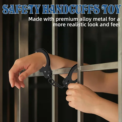 Vista 2 de AUYYOSK Esposas de Metal de Juguete con Llave, Accesorio de Suministros de Fiesta de Seguridad para Juego de Simulación, Esposas para Niños (Negro)