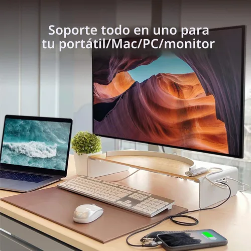 Vista 2 de j5create Soporte de monitor de madera con estación de acoplamiento USB tipo