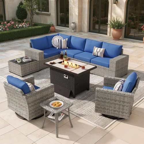 Vista 23 de Juego de muebles de patio de 6 piezas, sofá modular de mimbre para exteriores con mesa auxiliar, cómodos cojines, moderno sofá modular de ratán