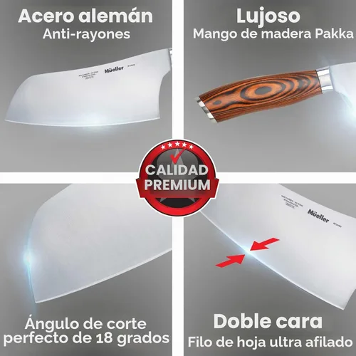 Vista 3 de Mueller - Cuchillo de carnicero de 7 pulgadas, cuchillo chino de verduras y carne para chef, de acero inoxidable alemán con mango ergonómico