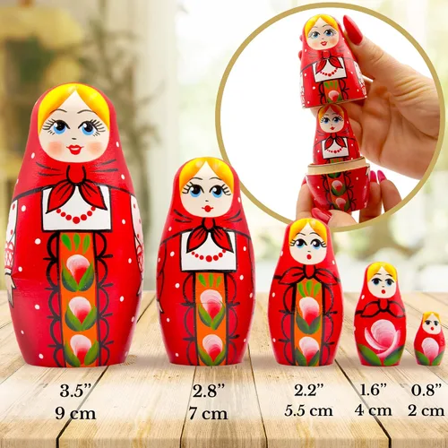 Vista 3 de AEVVV Juego de 5 muñecas de anidación rusas, muñecas Matryoshka con sarafan ruso rojo tradicional, muñecas Babushka, muñeca anidadora de madera