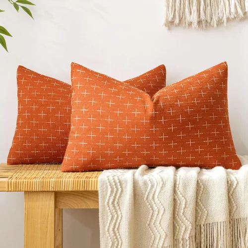 Vista 9 de MIULEE - Juego de 2 fundas de almohada decorativas de lino de arpillera, modernas, estilo campestre, rústicas, tejidas, con textura, para sofá, Azul