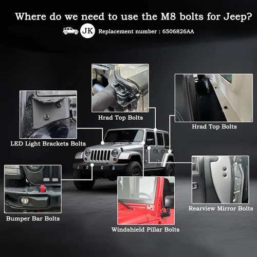 Vista 2 de Tornillos para Jeep Wrangler JK, pernos M8 aplicados al marco del parabrisas, barra antivuelco, portón trasero, bisagras duras de puerta, soportes