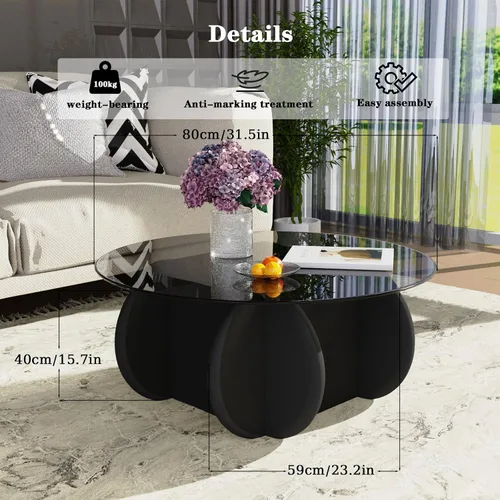 Vista 2 de Mesa de Centro con Tapa de Vidrio Negro, Mesa de Centro Redonda Moderna y Elegante con Patas de Madera Maciza y Superficie de Vidrio Templado