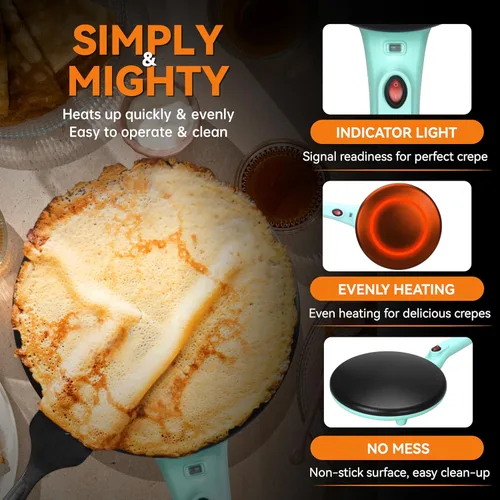 Vista 3 de Baker's Friend Crepera Electrica - Máquina para hacer crepas instantánea con asa, superficie de cocción antiadherente de 8 pulgadas, color aguamarina