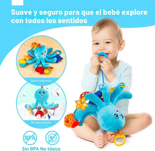 Vista 6 de Hahaland - Juguetes para bebés de 0 a 6 meses, asiento de automóvil, juguete de pulpo de peluche con cuerdas de tracción Infant Hanging Toy for