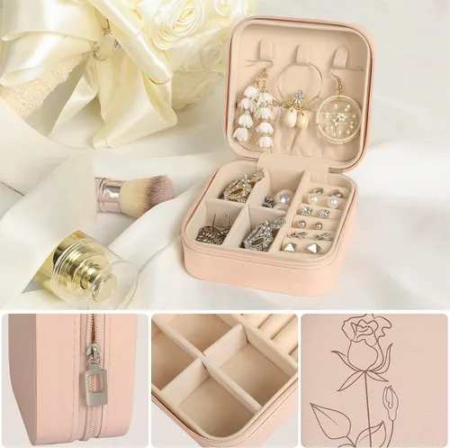 Vista 4 de Konelia Pequeño organizador de joyero, mini organizador portátil de joyería de viaje, caja de almacenamiento de anillos, aretes, collares, hijas
