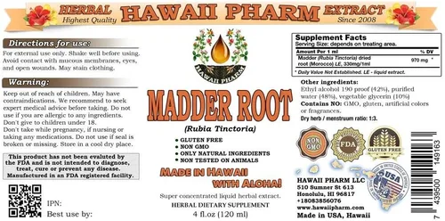 Vista 2 de Hawaii Pharm Extracto líquido de raíz de Madder, raíz de Madder (Rubia Tinctoria), tintura de raíz seca, suplemento de hierbas de 4 x 4 onzas