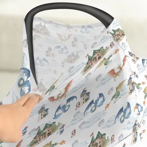 Vista 4 de Funda de asiento de coche de dragón y caballeros de cuento de hadas para bebés, dragones de fantasía, castillo de princesa, funda elástica 5 en 1
