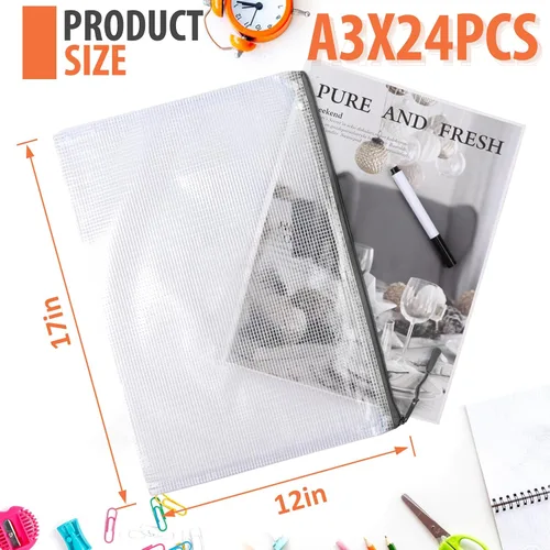 Vista 2 de 24 bolsas de malla con cremallera, bolsas de almacenamiento de rompecabezas, A3 de 17 x 12 pulgadas, grandes bolsas reutilizables con cremallera