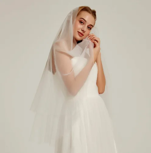Vista 4 de Velo de novia de tul de doble capa, 2 niveles, transparente, con peine